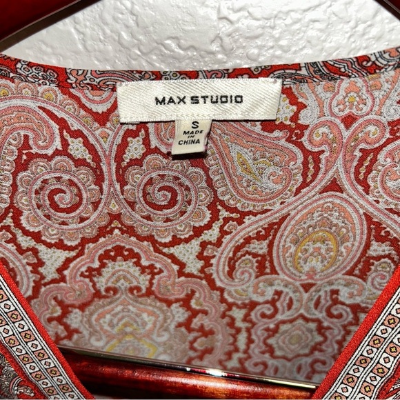 Max Studio Red and Brown Flutter Sleeve Wrap Blouse - Picture 2 of 8